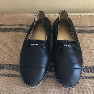 AUTHENTIC PRADA ITALY NAPA BLACK LEATHER ESPADRILLE FLAT SIZE US 7.5 EURO 38